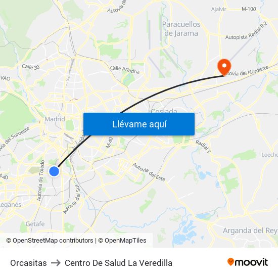 Orcasitas to Centro De Salud La Veredilla map