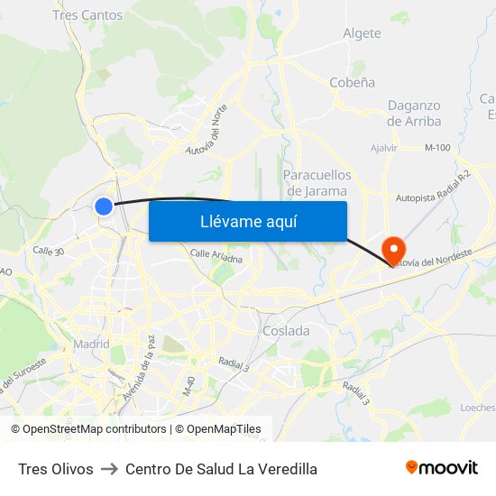 Tres Olivos to Centro De Salud La Veredilla map