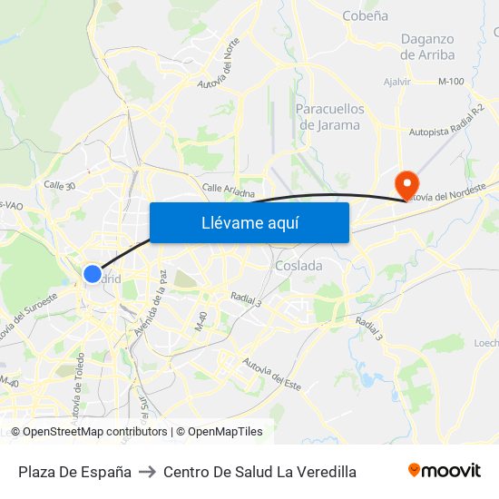 Plaza De España to Centro De Salud La Veredilla map