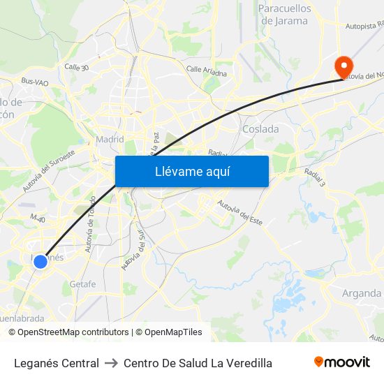 Leganés Central to Centro De Salud La Veredilla map