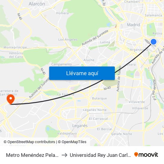 Metro Menéndez Pelayo to Universidad Rey Juan Carlos map