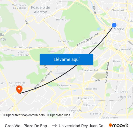 Gran Vía - Plaza De España to Universidad Rey Juan Carlos map