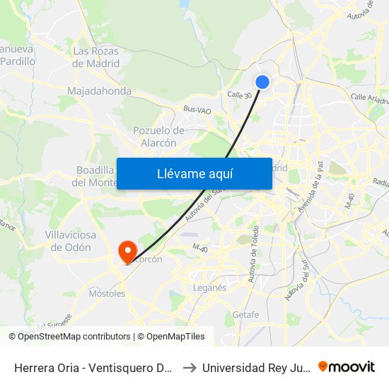 Herrera Oria - Ventisquero De La Condesa to Universidad Rey Juan Carlos map