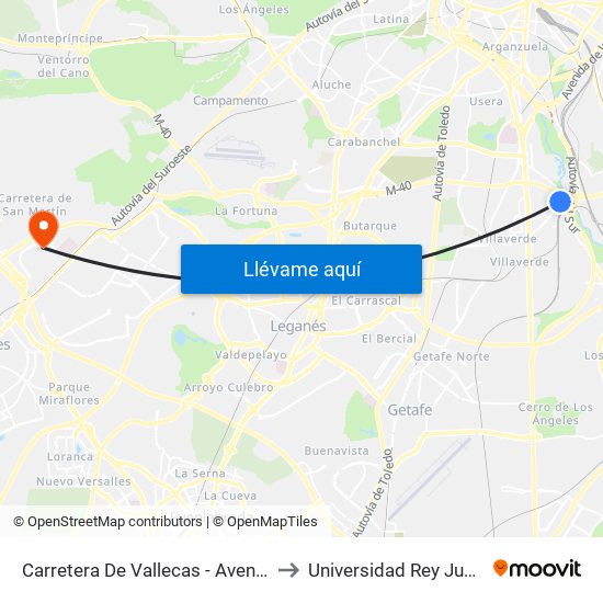 Carretera De Vallecas - Avenida Rosales to Universidad Rey Juan Carlos map