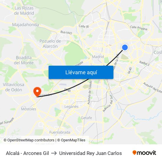 Alcalá - Arcones Gil to Universidad Rey Juan Carlos map