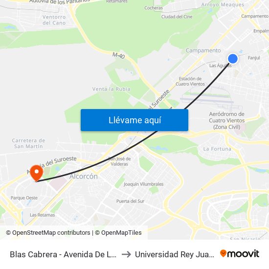 Blas Cabrera - Avenida De Las Águilas to Universidad Rey Juan Carlos map