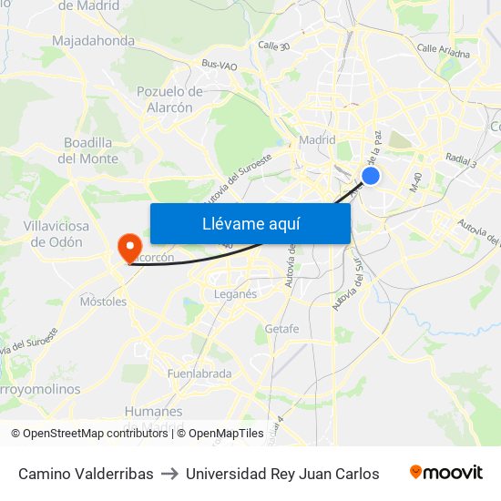 Camino Valderribas to Universidad Rey Juan Carlos map