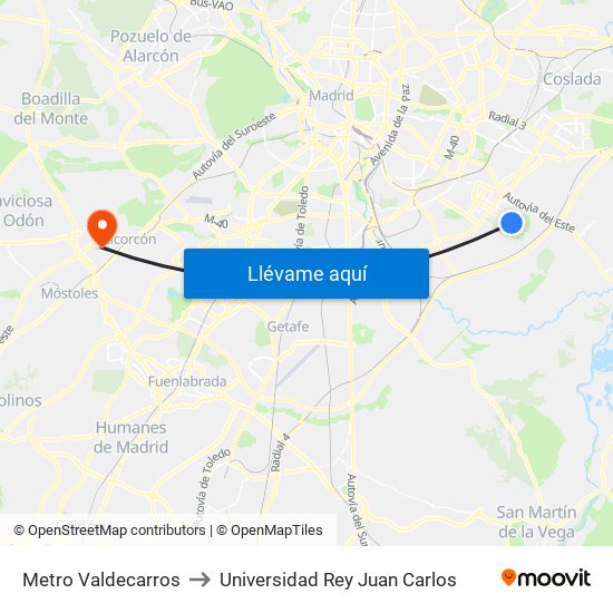 Metro Valdecarros to Universidad Rey Juan Carlos map