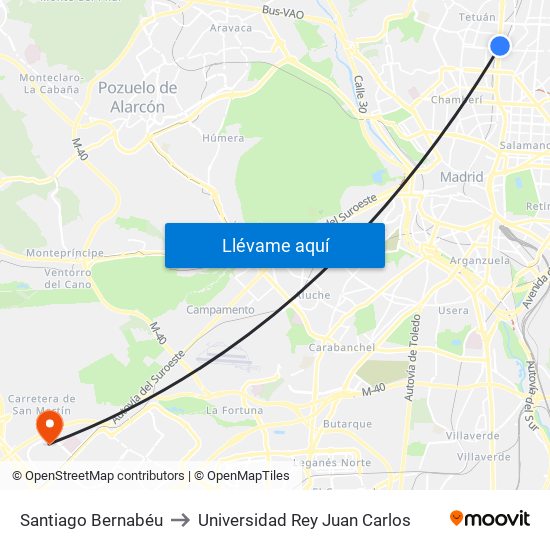 Santiago Bernabéu to Universidad Rey Juan Carlos map