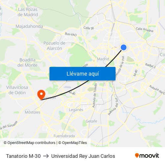 Tanatorio M-30 to Universidad Rey Juan Carlos map