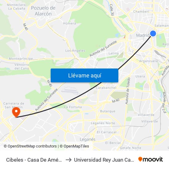 Cibeles - Casa De América to Universidad Rey Juan Carlos map