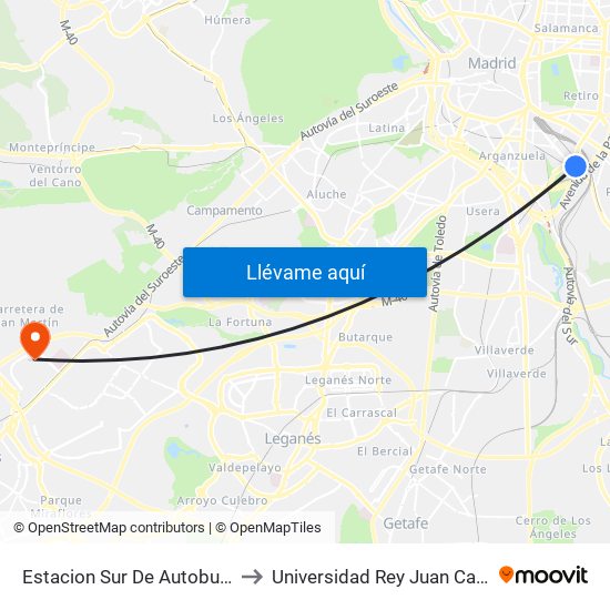 Estacion Sur De Autobuses to Universidad Rey Juan Carlos map