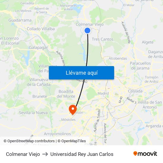 Colmenar Viejo to Universidad Rey Juan Carlos map