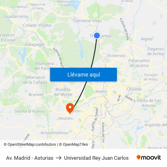 Av. Madrid - Asturias to Universidad Rey Juan Carlos map