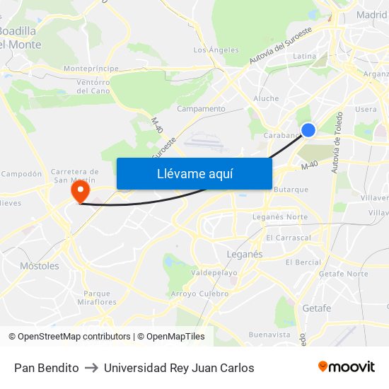 Pan Bendito to Universidad Rey Juan Carlos map