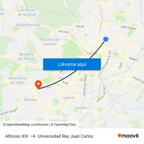 Alfonso XIII to Universidad Rey Juan Carlos map