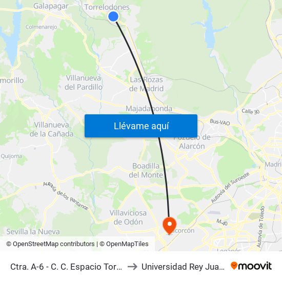 Ctra. A-6 - C. C. Espacio Torrelodones to Universidad Rey Juan Carlos map