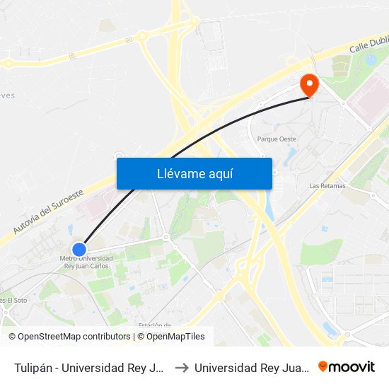 Tulipán - Universidad Rey Juan Carlos to Universidad Rey Juan Carlos map