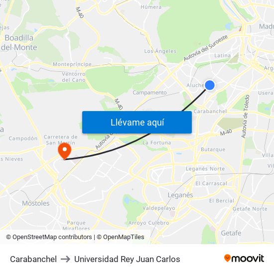 Carabanchel to Universidad Rey Juan Carlos map