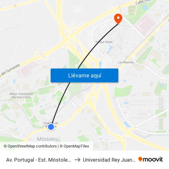 Av. Portugal - Est. Móstoles Central to Universidad Rey Juan Carlos map