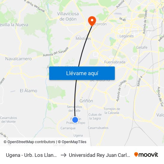 Ugena - Urb. Los Llanos to Universidad Rey Juan Carlos map