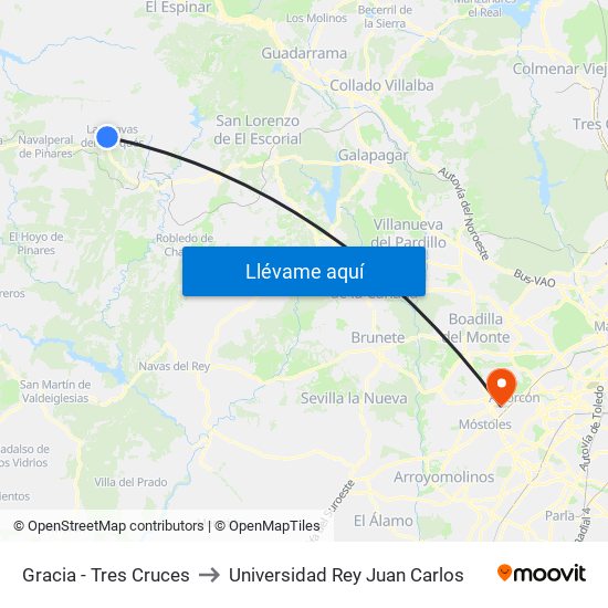 Gracia - Tres Cruces to Universidad Rey Juan Carlos map