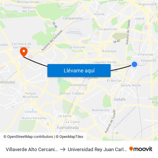 Villaverde Alto Cercanías to Universidad Rey Juan Carlos map