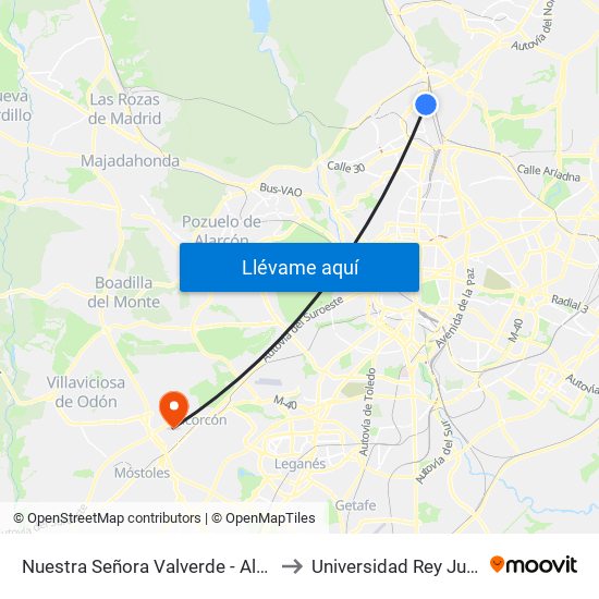 Nuestra Señora Valverde - Alonso Quijano to Universidad Rey Juan Carlos map