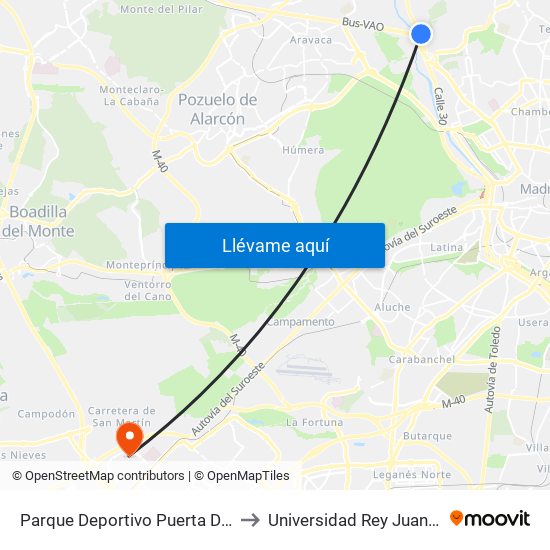 Parque Deportivo Puerta De Hierro to Universidad Rey Juan Carlos map