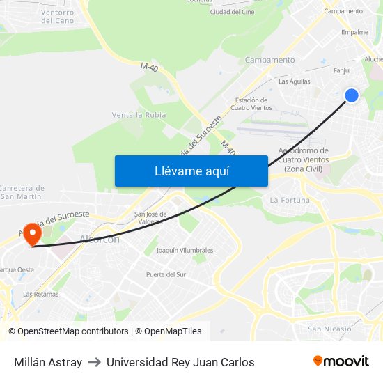 Millán Astray to Universidad Rey Juan Carlos map