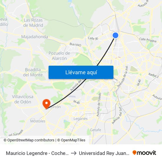 Mauricio Legendre - Cocheras Emt to Universidad Rey Juan Carlos map