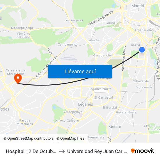 Hospital 12 De Octubre to Universidad Rey Juan Carlos map
