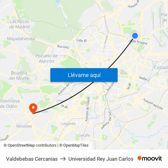 Valdebebas Cercanías to Universidad Rey Juan Carlos map