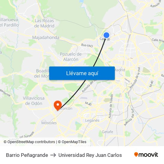 Barrio Peñagrande to Universidad Rey Juan Carlos map