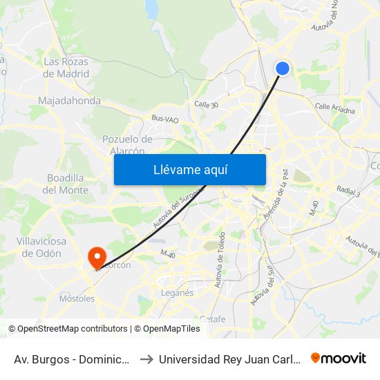 Av. Burgos - Dominicos to Universidad Rey Juan Carlos map
