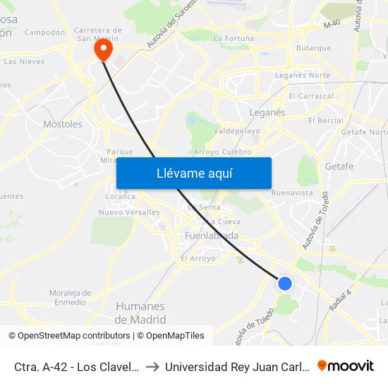 Ctra. A-42 - Los Claveles to Universidad Rey Juan Carlos map