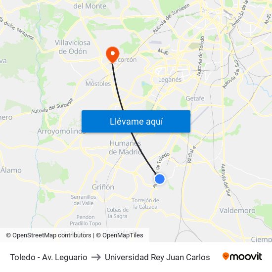Toledo - Av. Leguario to Universidad Rey Juan Carlos map