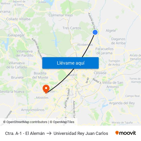 Ctra. A-1 - El Alemán to Universidad Rey Juan Carlos map