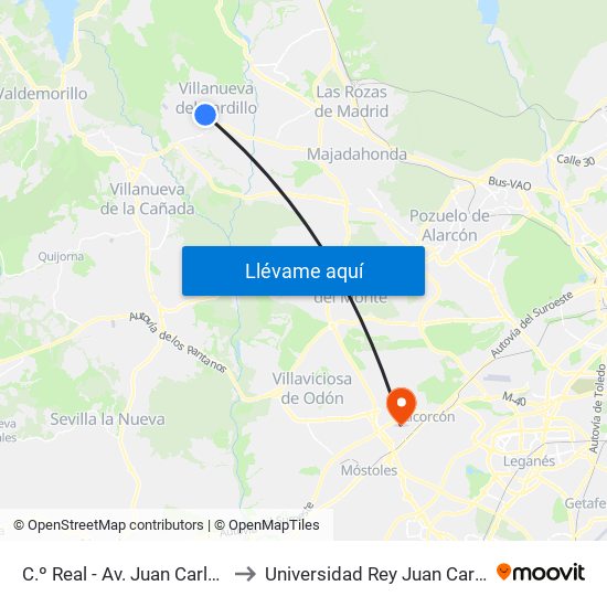 C.º Real - Av. Juan Carlos I to Universidad Rey Juan Carlos map