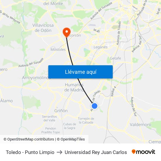 Toledo - Punto Limpio to Universidad Rey Juan Carlos map