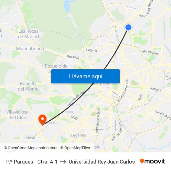 P.º Parques - Ctra. A-1 to Universidad Rey Juan Carlos map