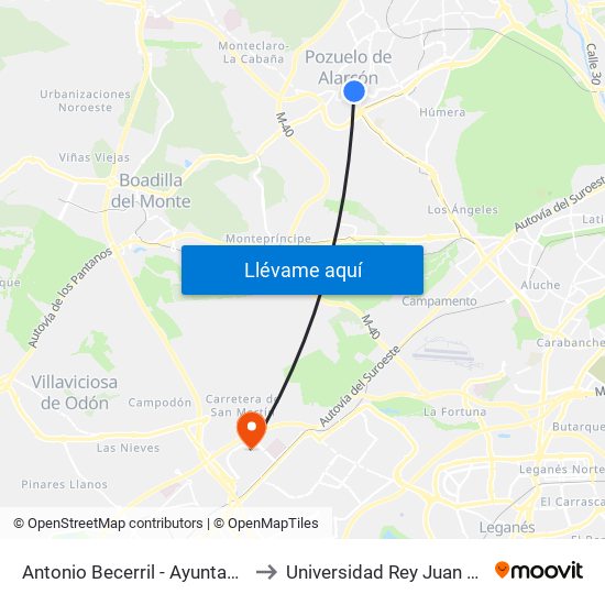Antonio Becerril - Ayuntamiento to Universidad Rey Juan Carlos map