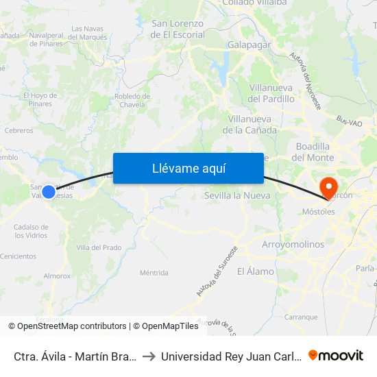 Ctra. Ávila - Martín Bravo to Universidad Rey Juan Carlos map