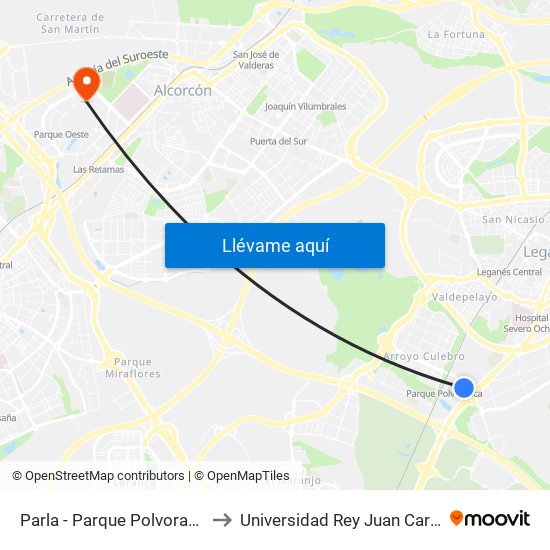 Parla - Parque Polvoranca to Universidad Rey Juan Carlos map