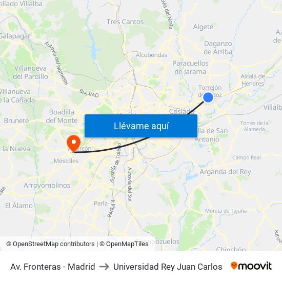 Av. Fronteras - Madrid to Universidad Rey Juan Carlos map
