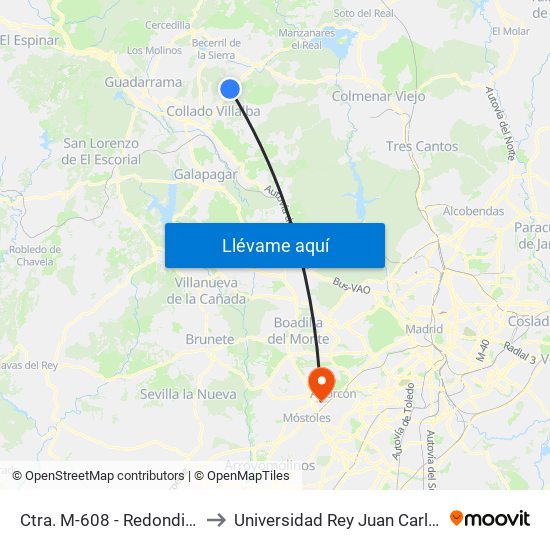 Ctra. M-608 - Redondillo to Universidad Rey Juan Carlos map