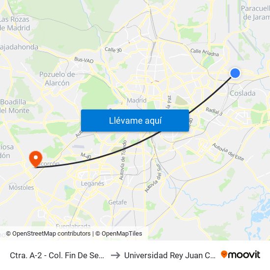 Ctra. A-2 - Col. Fin De Semana to Universidad Rey Juan Carlos map