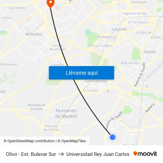 Olivo - Est. Bulevar Sur to Universidad Rey Juan Carlos map