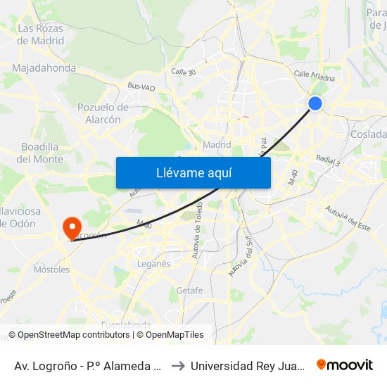 Av. Logroño - P.º Alameda De Osuna to Universidad Rey Juan Carlos map