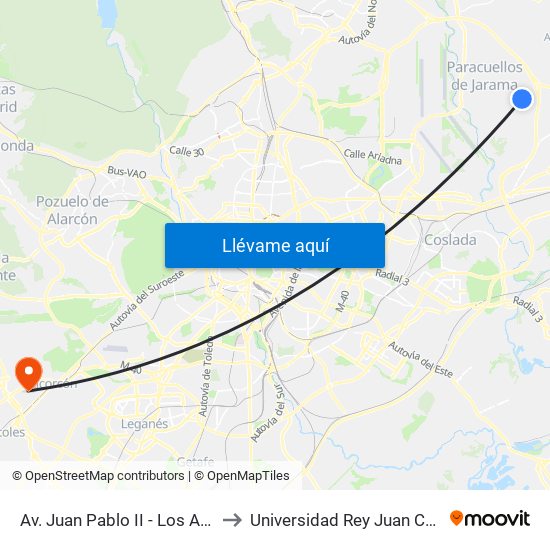 Av. Juan Pablo II - Los Andes to Universidad Rey Juan Carlos map